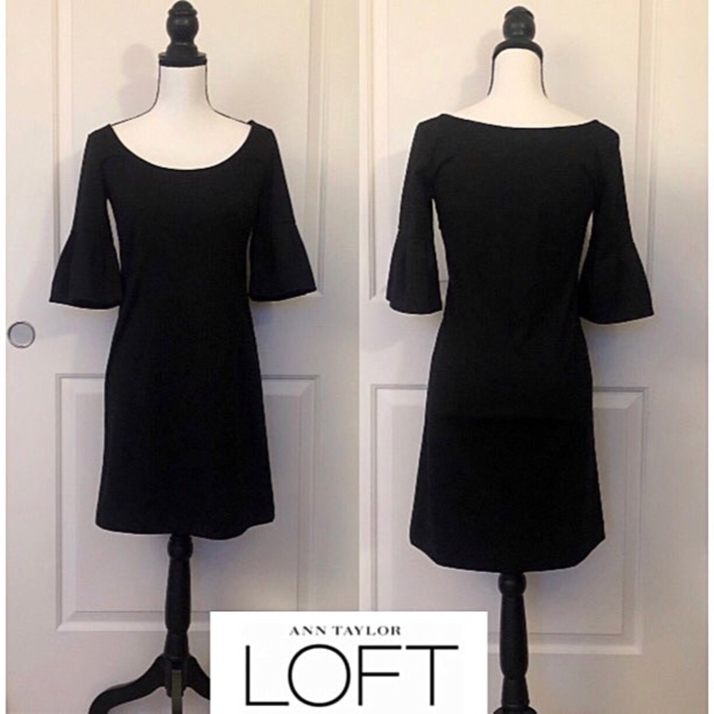 LOFT Black Boatneck Bell Sleeve Shift Dress - Picture 1 of 4